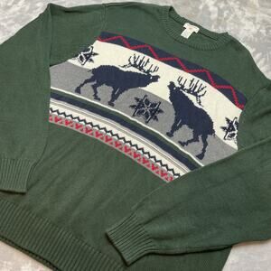 Dockers Holiday Christmas Sweater Mens XXL Green 100% Cotton Deer Elk Reindeer